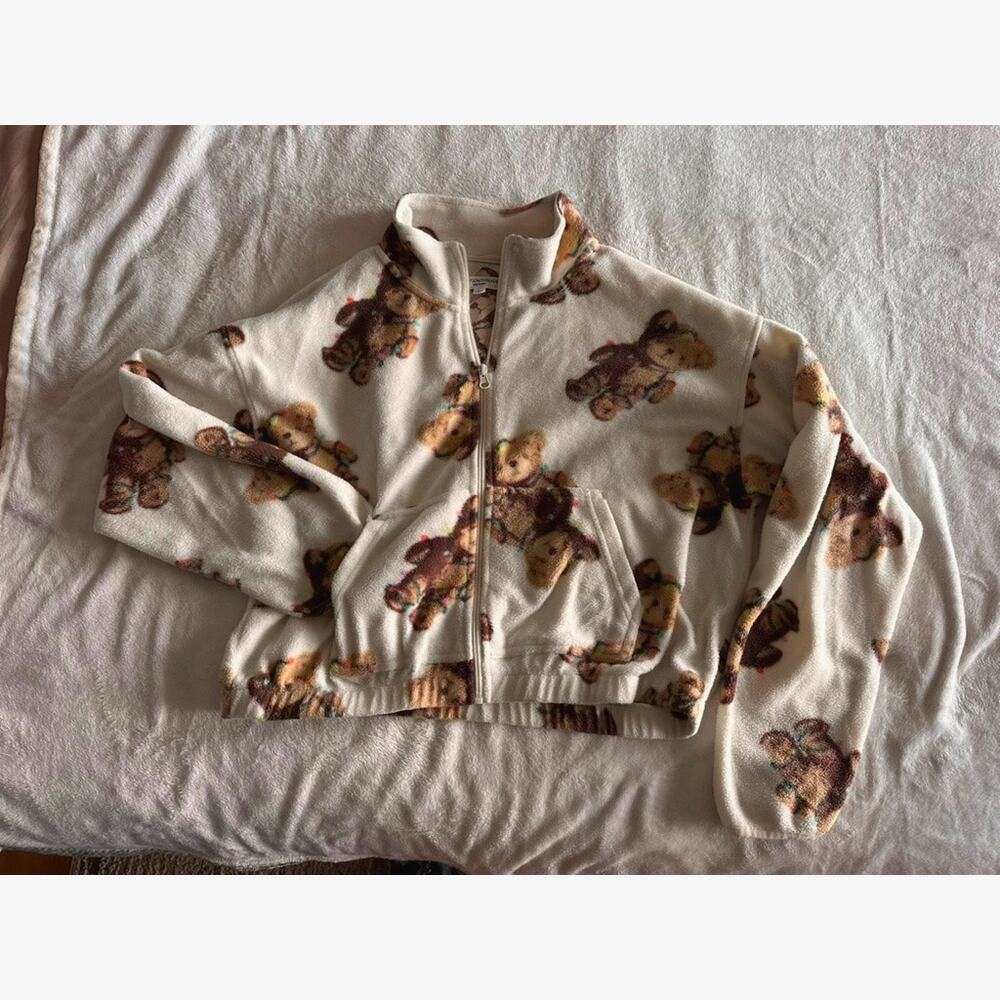 Target Holiday Teddy Bear Fleece Zip-Up Sweater Christmas Lights Print